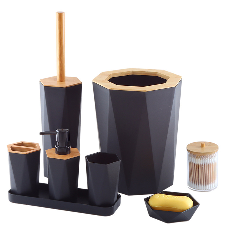 Zara Home Bathroom Set - Hexagonal Plastic Bamboo Wood Bathroom Accessory
